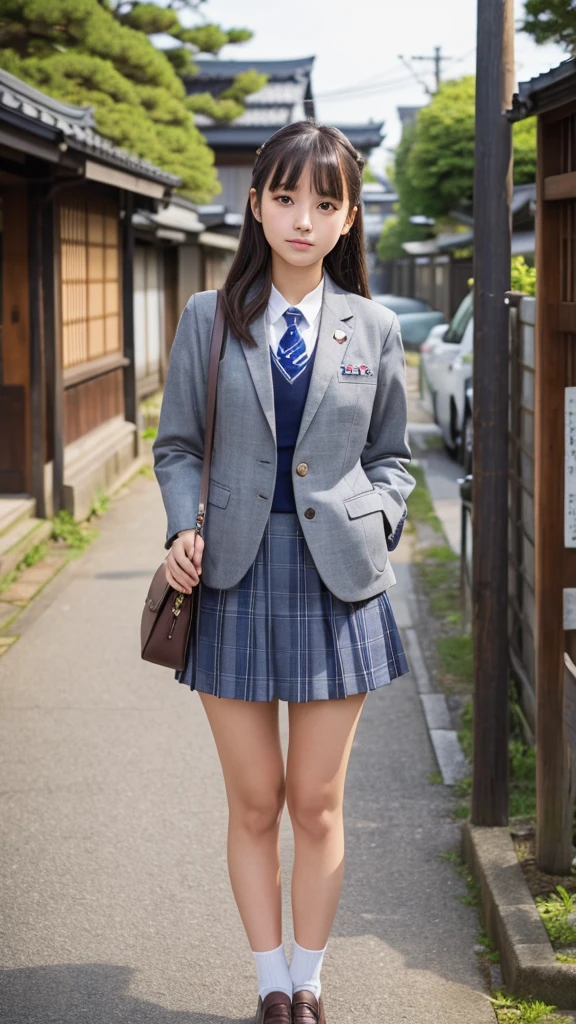 Standing in the middle of an Edo period town、Japanese 18 year old high school girl、Navy blue blazer uniform、Grey checked mini skirt
