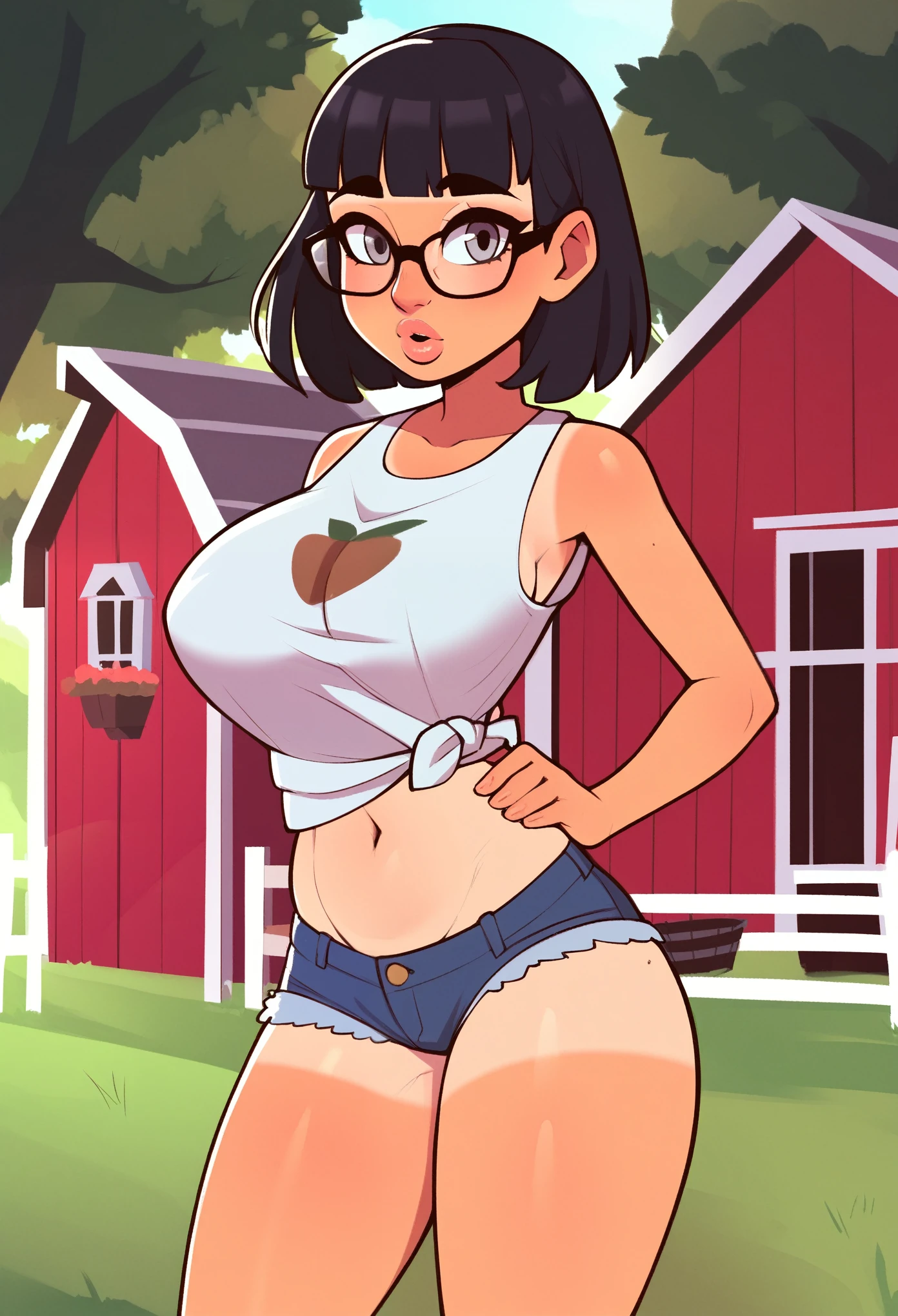 score_9, score_8_up, score_7_up, score_6_up, score_5_up, score_4_up, BREAK 1girl, black hair, plait hair, grey eyes, thick lips, glasses, tanlines, long eyelashes, surprised expression, standing in a farm, blunt bangs, adult, harsh lighting, BREAK solo, large breasts, adult, skinny, arched back, thigh gap, farmer's outfit, BREAK (farm background:1.2), innocent, lovely, adorable, dynamic pose
