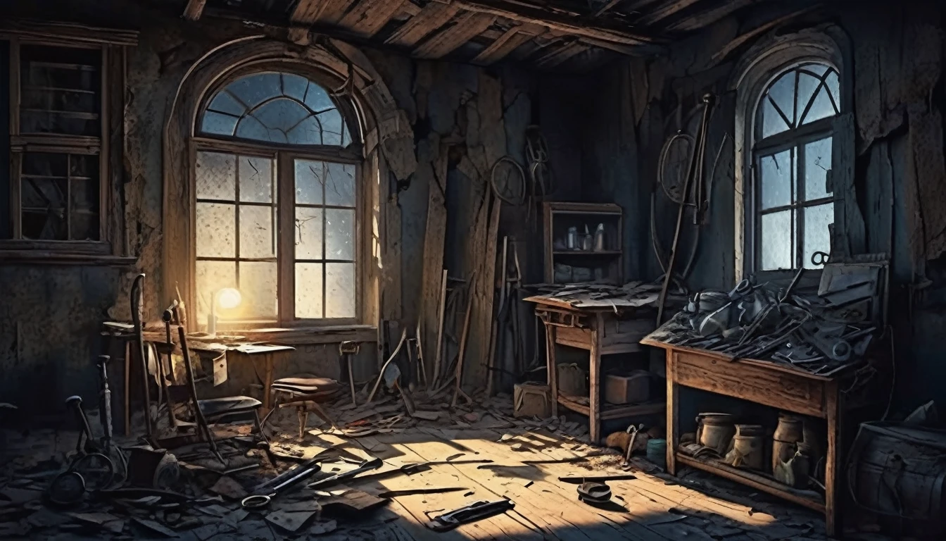 Traditional Animation,Cartoon,In the attic of an old house, Abandoned Shelter, A pile of medical equipment has been gathering dust for decades.. Moonlight shines through the broken window, The tools seem to come alive, Casting a sinister shadow on the cracked wall.