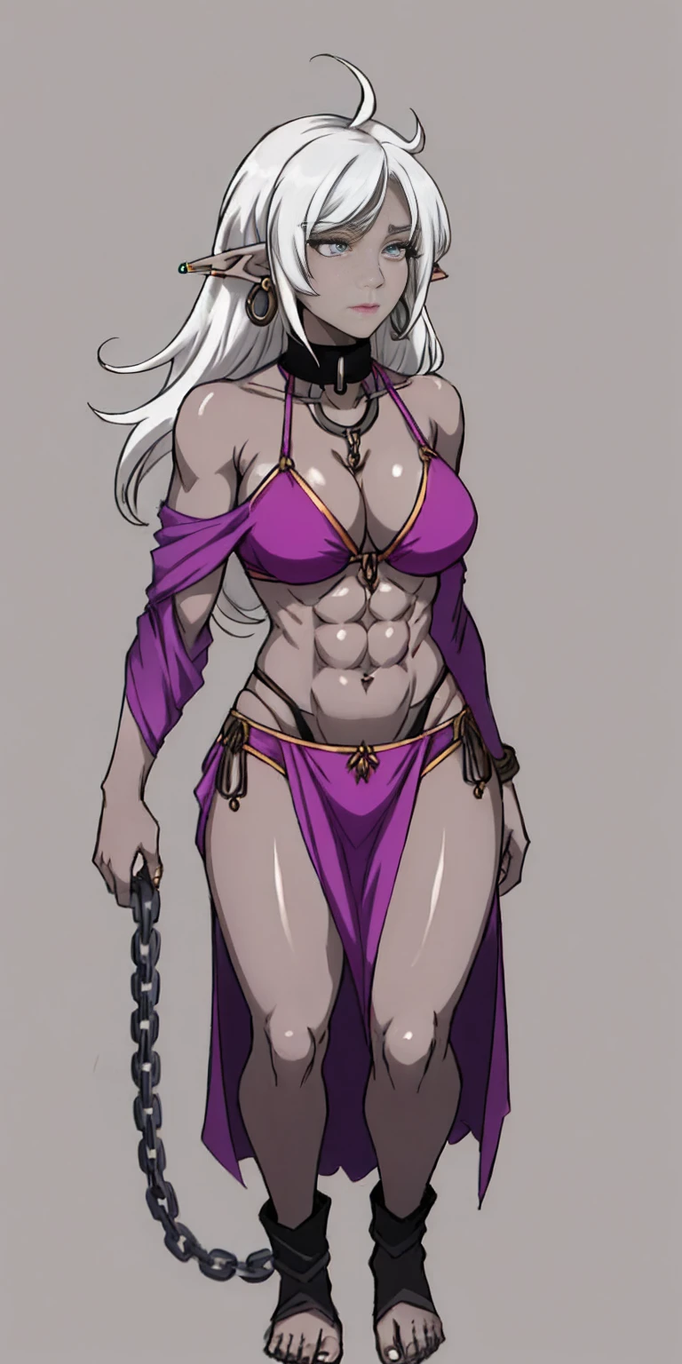 Appearance
Gender: Female
Age: Mature
Race: Drow (elf with dark skin and white hair)
Height: Full-body
Skin: Gray
Skin: Gray
Background: Plain Gray
Eyes: Purple
Attire: Bikini, revealing abdominal muscles
Accessories: Large earrings, ragged rags, chain necklace