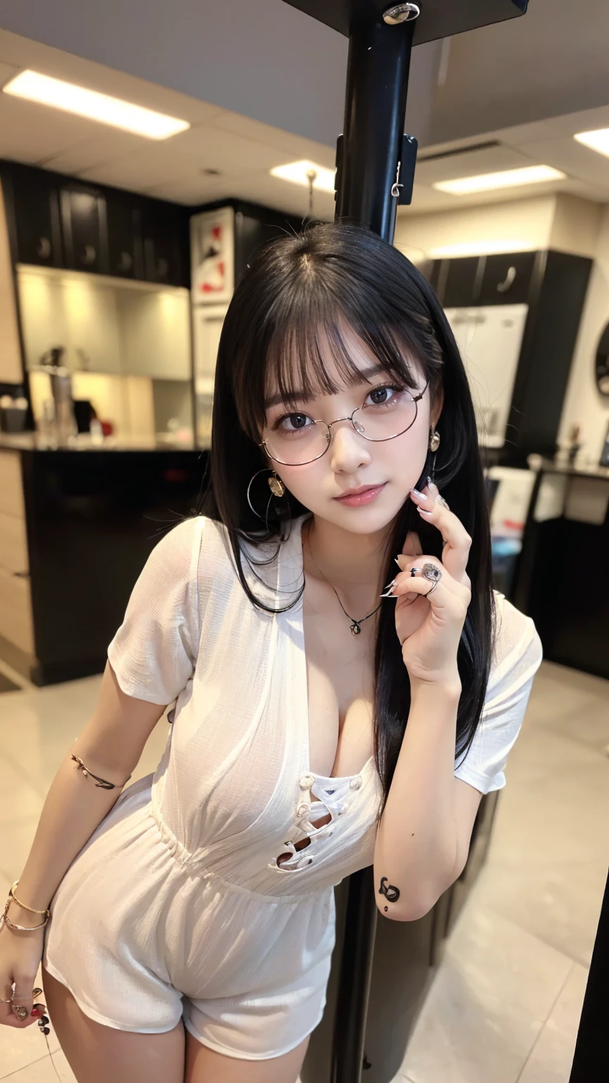 (masterpiece, Highest quality:1.3), smile、(Very detailed:1.2), (hyperRealistic:1.3), (RAW Photos:1.2),High resolution raw color photos, Professional photos, (PhotoRealistic:1.4), (Realistic:1.4),(Small Nose:1.4)、(Glare:1.4)、Big eyes、Long eyelashes、Professional Lighting, Perfect Anatomy, (Very large breasts:1.2), (Detailed face), (Cute appearance:1.5), (Long black hair:1.5), necklace, bracelet, sexy, erotic sexy, (Standing Gravure Pose:1.8), (Beautiful woman wearing short sleeve romper: 1.3)、(Multiple ear piercings:1.4)、(Photograph the whole body:1.8)