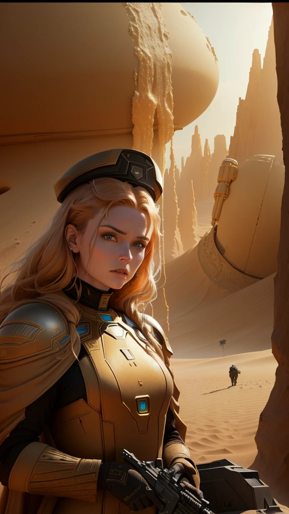 Masterpiece, Transitioning to a desert landscape at sunset, a lone figure, a beautiful American teenage girl emerges wearing beautiful post apocalyptic nomadic clothes, white skin, blonde hair, blue-grey eyes, freckles on face, slim running body, small breasts, very detailed face, ultra realistic face, very beautiful face, post-apocalyptic clothing. Layers of tattered fabric, unconventional accessories, and a weathered look create an aura of survival and resilience, 16K, ultra high res.photorealistic, UHD, RAW, DSLR