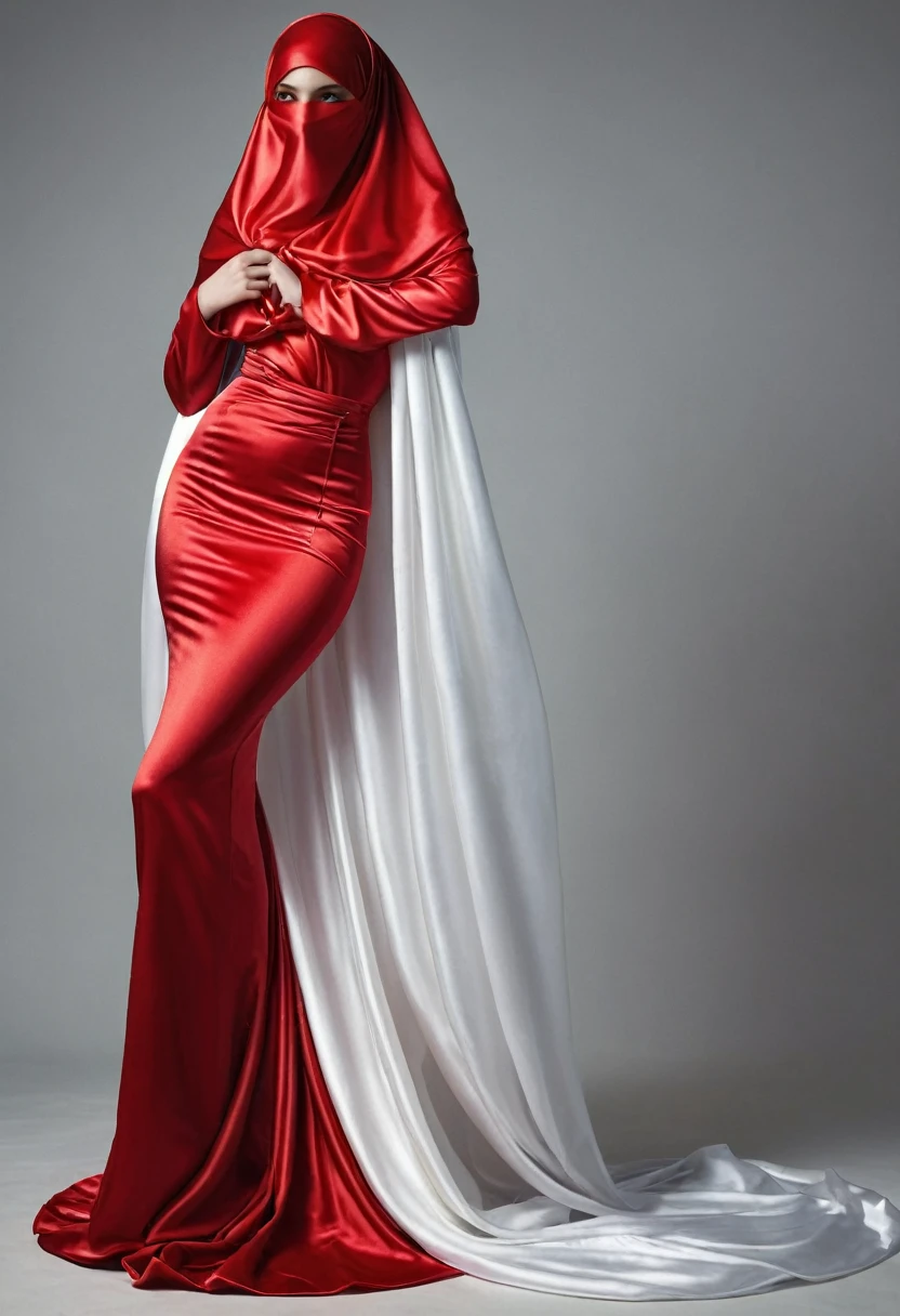 a sexy woman covered in a large red satin cloth, tied tightly with the satin cloth, the satin hanging down very long, a mermaid style dress, wearing a satin hijab, the satin cloth is very long, forming the curve of the body, masterpice, 4k resolution, ultra-realistic, highly detail.