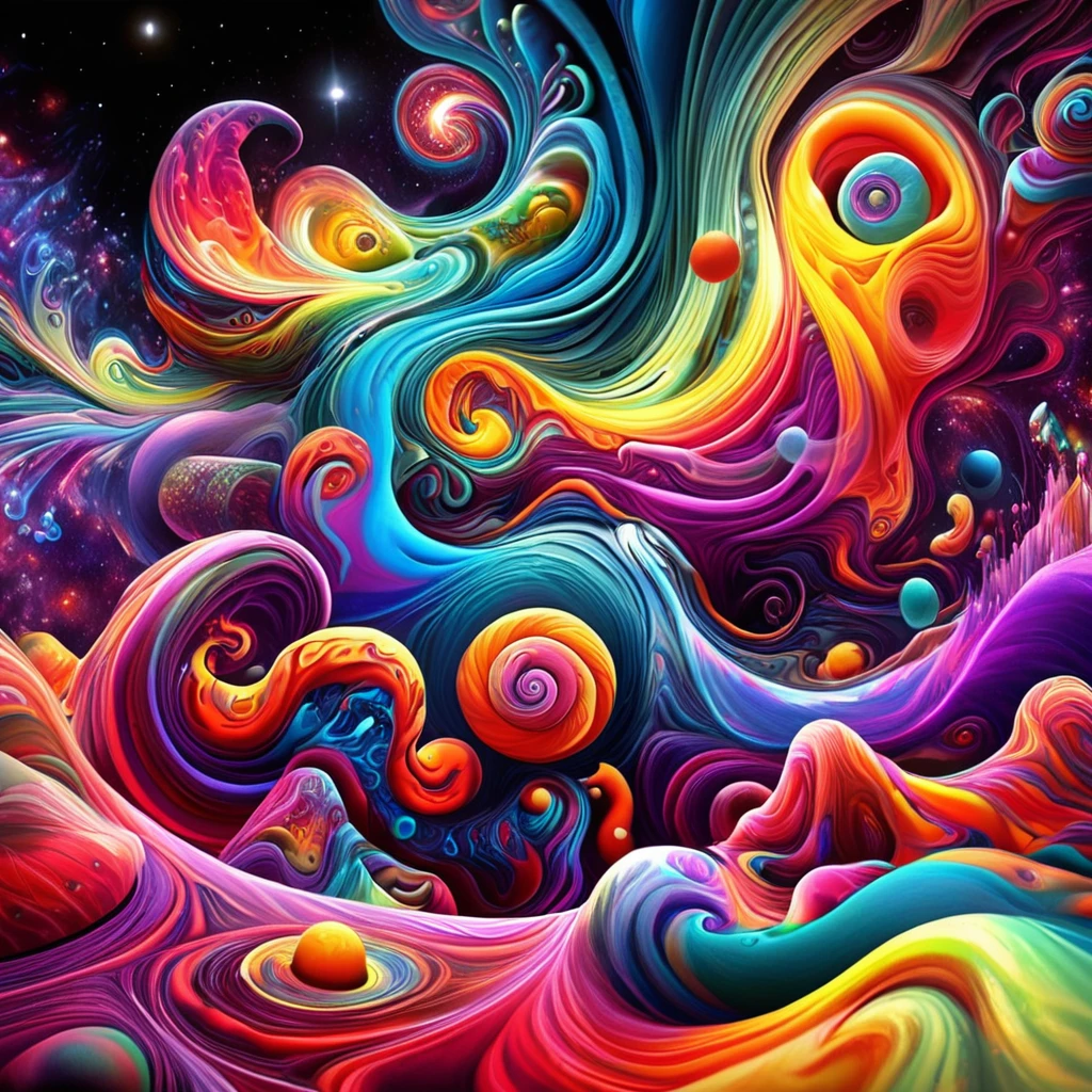 Psychedelic-style nano-infused mutants, Mutants with nanobots integrating into their bodies, Granting Extraordinary Abilities, a dark nebula in the background, . swirly vibrant colors, swirl patterns, abstract shapes, surreal, mind blowing