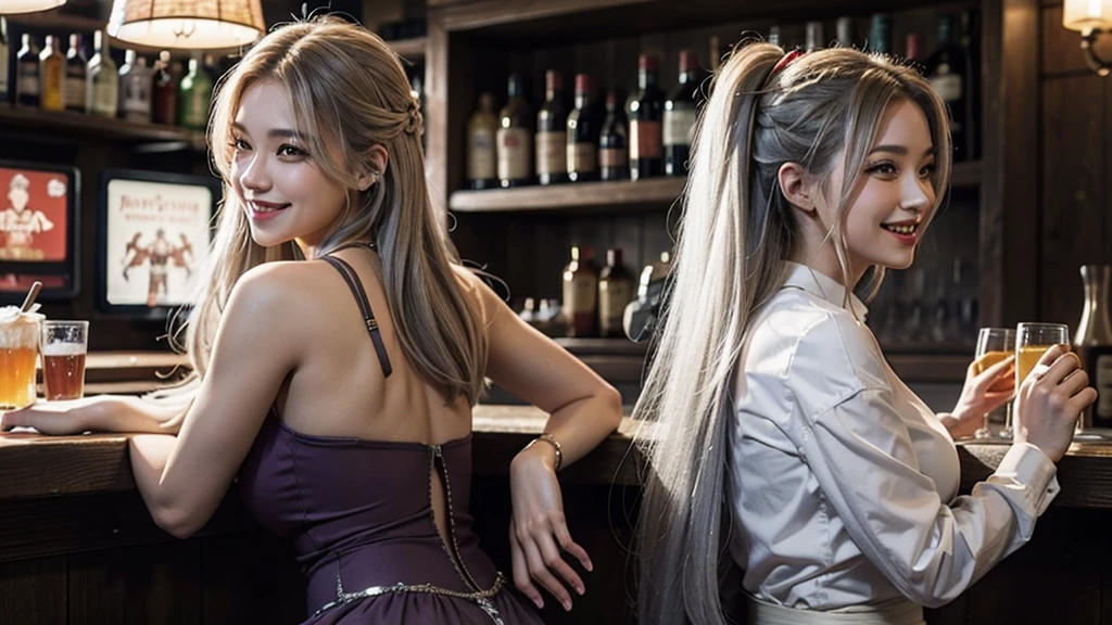 A beautiful woman is sitting and laughing, a beautiful woman with long grey hair, men and women are enjoying music and dancing at a bar, anime, heartwarming, medieval, bard, epic,