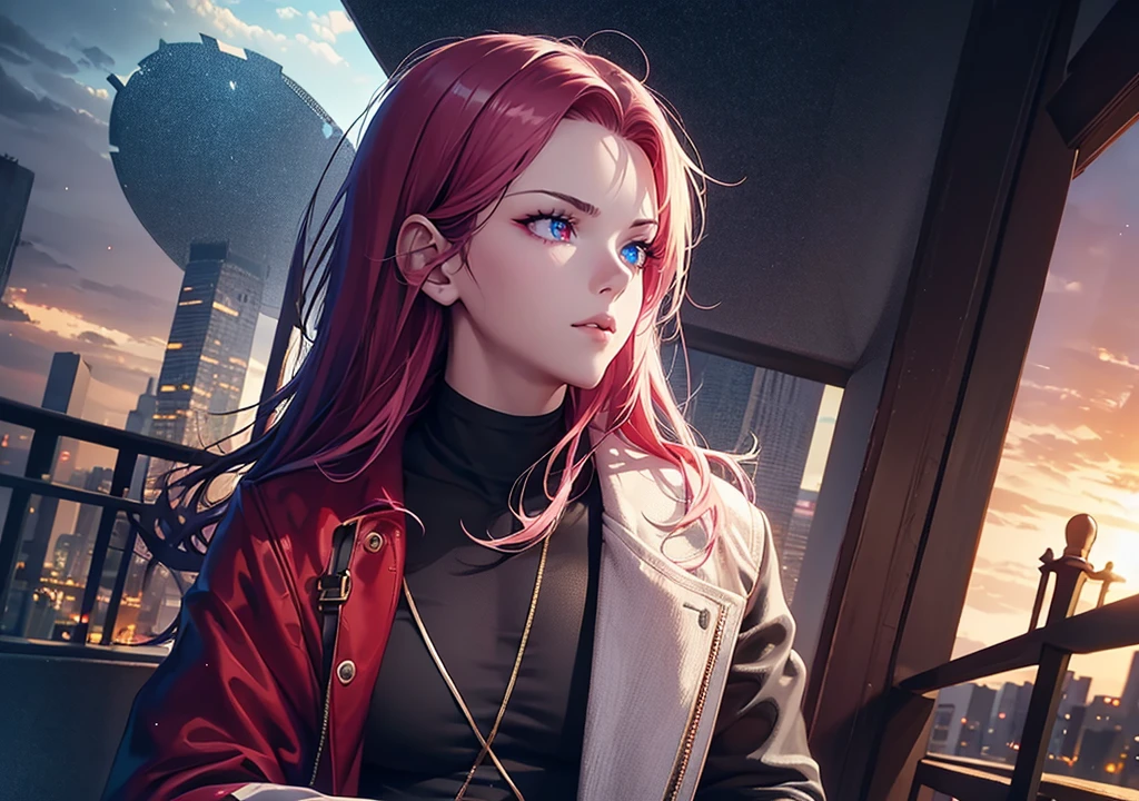 (best quality,4K,8k,highres,master part:1.2) man in 20's ,ultra detail, Realistic,adolescente com heterochromia(heterochromia:1.1) with purple and red eyes,casual,red hood,Beautiful,serious look,detailed eyes and lips,slim build,vivid colors,conceptual artists,colourful hair,half brown and half pink hair,stunning landscape,whistle of surrealism,Fantastic lighting,peaceful atmosphere