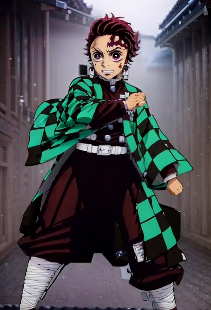 Kamado Tanjiro,(Kimetsu No Yaiba),Full Style,Ultra High Quality,Ultra High Resolution,Photograph 8K,Holding a Sword,Ultra Detailed ,Demon Hunter Suit