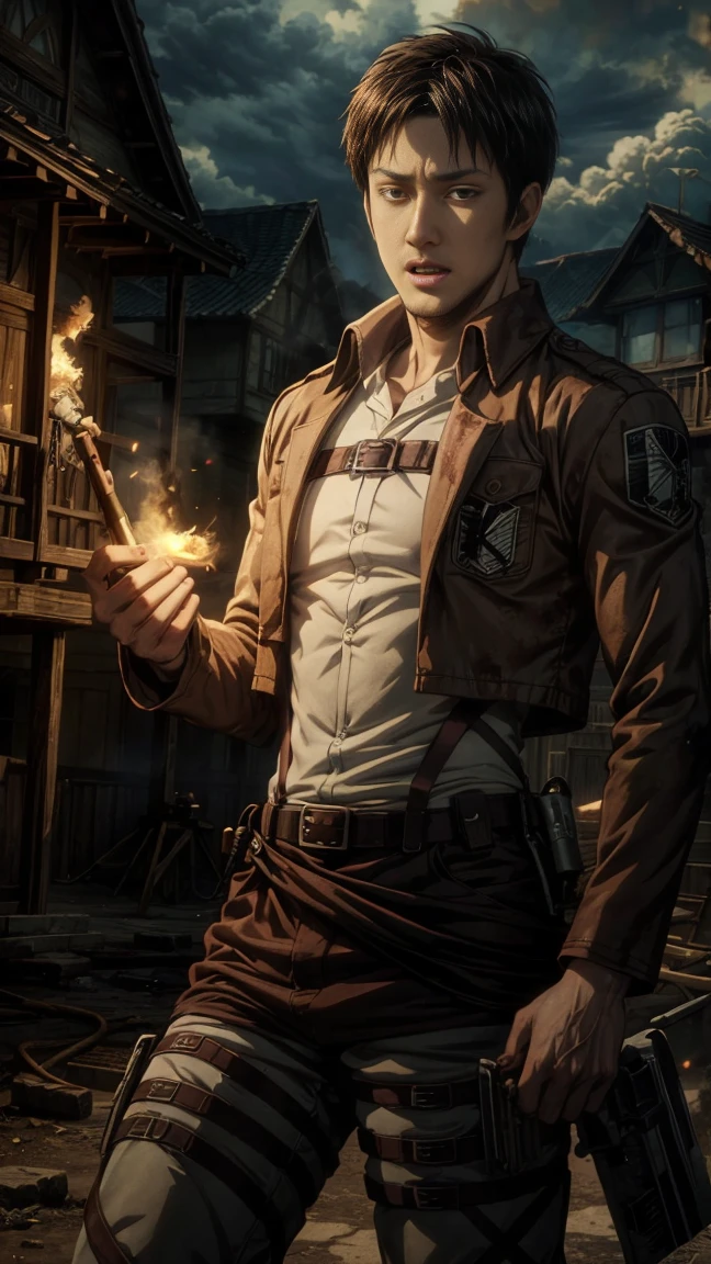 (masterpiece), (hyper realistic), Mahesh Babu from Attack on Titan, survey corps uniform, determined pose, dinamic lighting, fire, traces of blood on clothes and face, burning houses in the background, smoke, Rain, survey corps uniform, odm gear uniform