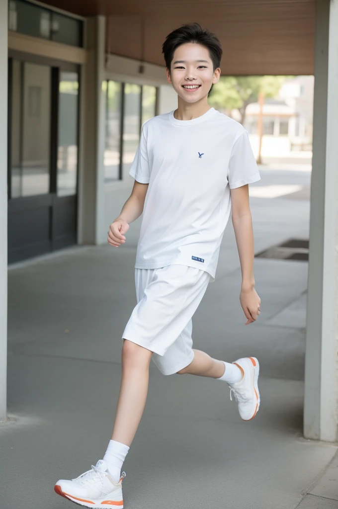 European and American boys,Age 6-8 years old,Blonde,Handsome and handsome,1 meter tall,Children's clothing model,Premium simplicity,Wearing a white T-shirt,Smiling,Cheerful and confident,Full frontal photo,Full body image,wearing sportshoes,Big blue eyes