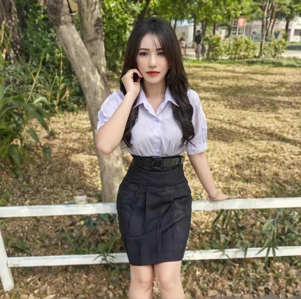(masterpiece:1.3), (best quality:1.3), (realistic:1.3), (photorealistic:1.4), (extremely intricate:1.3), (exquisitely detailed skin), cinematic light, rimlight, vibrant color, depth of field, ultra high res, 8k, uhd, hyper realistic, slender shape, best shadow, ray tracing, delicate, intricate detailed, raw photo, hdr, sharp focus, 1girl, solo, white skin, random hairstyle, (large breasts:1.3), beautiful woman wearing mahalaiuniform, white shirt short sleeves, black pencil skirt, belt, hairband, hairclip, gloss lips, eyeshadow, jewelry, earrings, necklace, high heels, looking at viewer, naughty face, naughty smile, dynamic pose, scenery, city, cityscape, landscape, street
