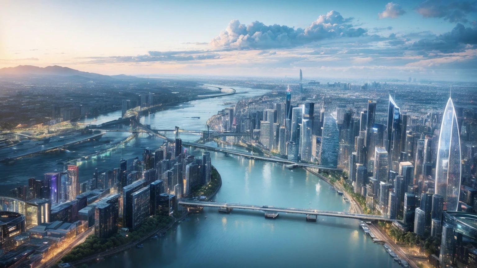 (Best quality,4K,8K,A high resolution,Masterpiece:1.2),Ultra-detailed,(Realistic,Photorealistic,photo-realistic:1.37),Futuristic floating city,Futuristic technology,Huge urban high-tech tablet platform,Airship,Floating in the sky,Futuristic city,Small airships around,High-tech hemispherical platform,Colorful lights,Advanced architecture,modernn architecture,skyscrapper,Access the cloud,Scenic beauty,view over city,Impressive design,Blend seamlessly with nature,energetic and vibrant atmosphere,Futuristic transportation system,Parking is suspended,Transparent path,Lush greenery,Sky gardens,cascading waterfalls,Magnificent skyline,reflections on the water,Sparkling river,Architectural innovation,futuristic skyscrapers,Transparent dome,The shape of the building is unusual,Elevated walkway,Impressive skyline,Glowing lights,Futuristic technology,Minimalist design,Scenic spots,Panoramic view,Cloud Piercing Tower,Vibrant colors,epic sunrise,epic sunset,Dazzling light display,magical ambiance,The future city,Urban Utopia,LuxuryLifestyle,Innovative energy,sustainable development,Smart city technology,Advanced infrastructure,Tranquil atmosphere,Nature and technology live in harmony,Awesome cityscape,Unprecedented urban planning,Architecture connects seamlessly with nature,High-tech metropolis,A cutting-edge engineering marvel,The future of urban living,Visionary architectural concept,Energy-efficient buildings,Harmony with the environment,A city floating above the clouds,Utopian dreams become reality,The possibilities are endless,State-of-the-art transportation network,Green energy integration,Innovative materials,Impressive holographic display,Advanced communication system,Breathtaking aerial view,Quiet and peaceful environment,Modernist aesthetics,Ethereal beauty