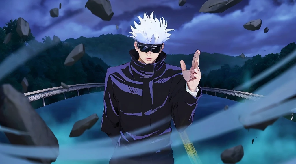 ((Best quality, 8k, Masterpiece :1.3)),Satoru Gojo, Jujutsu Kaisen, Handsome man with white medium length hair, wearing sunglasses and blue galaxy in his eyes, Sunglasses on the bridge of his nose, revealing his deep blue eyes, looking at viewers, hyper-realistic atmospheres, details, 8k