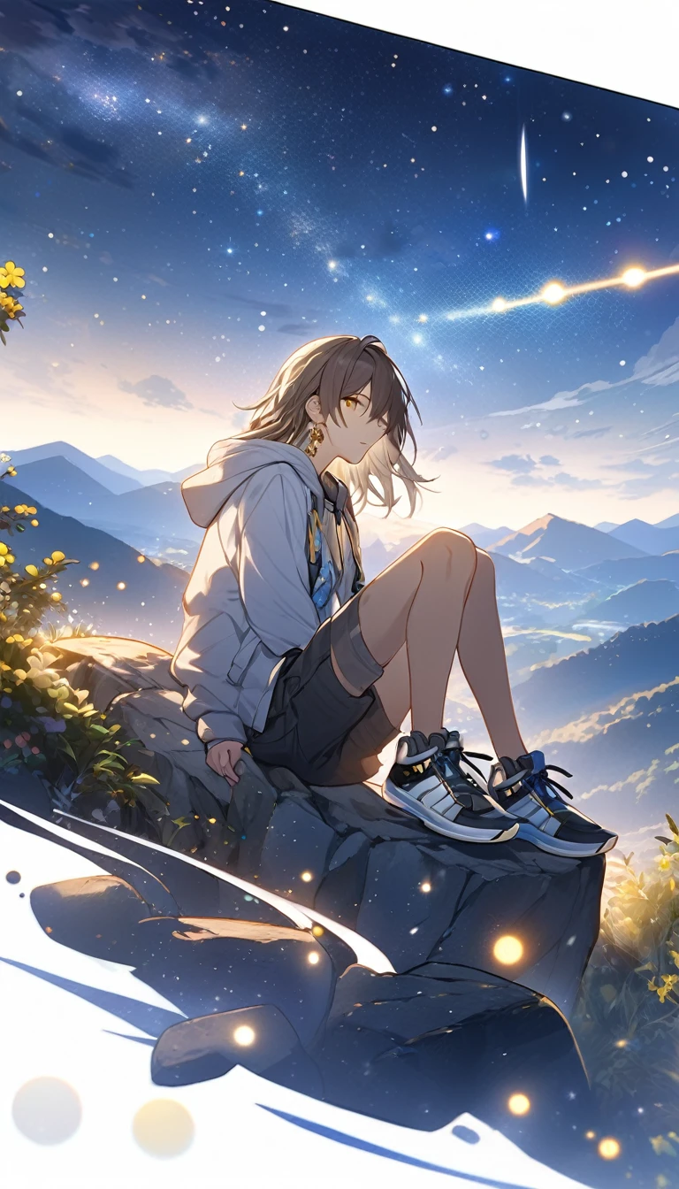 cinematic photo (masterpiece), (best quality), (ultra-detailed), stelle, honkai: star rail, official art, 1boy, solo, gouache, starry sky, mountain, long hair, hoodie, shorts, sneakers, yellow eyes, tsurime, sitting on a rock, stargazing, milky way, shooting star, tranquil night., illustration, disheveled hair, detailed eyes, perfect composition, moist skin, intricate details, earrings . 35mm photograph, film, bokeh, professional, 4k, highly detailed