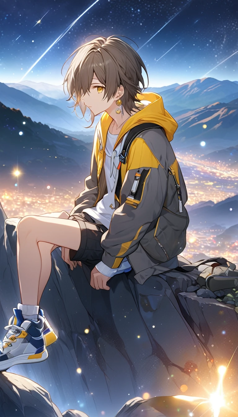 cinematic photo (masterpiece), (best quality), (ultra-detailed), stelle, honkai: star rail, official art, 1boy, solo, gouache, starry sky, mountain, long hair, hoodie, shorts, sneakers, yellow eyes, tsurime, sitting on a rock, stargazing, milky way, shooting star, tranquil night., illustration, disheveled hair, detailed eyes, perfect composition, moist skin, intricate details, earrings . 35mm photograph, film, bokeh, professional, 4k, highly detailed