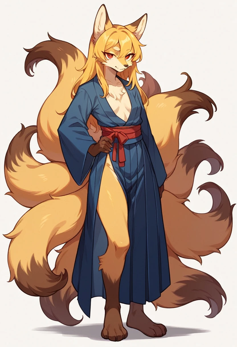 (full body,,The left hand is on the hip),((The right hand is out in front,Nine-tailed tail,,)),small breasts,Adult female fox, Furry, Golden fur, Golden facial fur, long golden hair, The hair on his hands is golden, Golden yellow hair on the back of the hand, Light-filled eyes, Red eyes, Brown elements of fur,Dark blue kimono,Dark blue hakama,Very fine fur, Fluffy tail,Multiple Tails