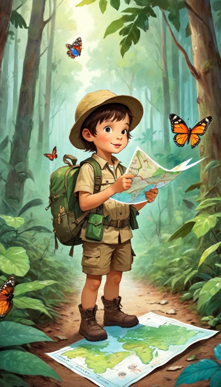 Little Jungle Explorer,Map in hand,check the map,adventurer,forest,Butterfly