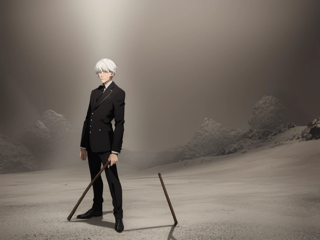 man holding stick, white hair, black eyes, standing tall, masterpiece, 8k, hd, black jacket, hd quality, clear