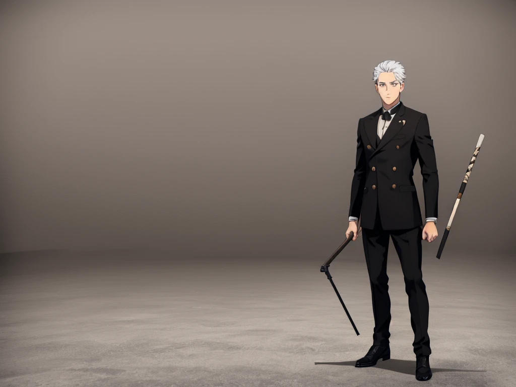 man holding stick, white hair, black eyes, standing tall, masterpiece, 8k, hd, black jacket, hd quality, clear