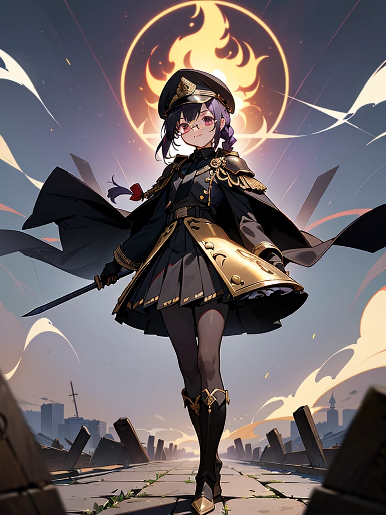 realisitic, City Deserted, Pile of rubble, Brick building, a one woman (18 years old, far away blackw hair, far away slits, Eyes red, glare eyes, 精致的面容, standing (In floor, feet shoulder-width apart), Lolita style military uniform (blackw base, Red Insert, golden decoration, volantes, wide sleeves, dainty and delicate detailing armors), blackw far away gloves (blackw, Red Insert, golden decoration, small hands, armors), blackw far away gloves, knee high boots (blackw, high-heels, red soles), ha (blackw, aba dourada, shield emblem, delicate details), arms in front, Front of belly, Holding military swords with both hands (blackw, golden decoration, delicate detail, Handle at the top, Ground-facing blade, in front of the body, far away), night sky (blackw, stele, Increased flames and smoke) Pale painting style, One Girl, super high quality, Super Detail, Super Detailed image, long hair, looking at viewer, skirt, shirt, hair ornament, violet eyes, gloves, round glasses, long sleeves, hat, closed mouth, jacket, violet hair, braid, open clothes, necktie, black gloves, black skirt, uniform, single braid, open jacket, black jacket, black headwear, 手链, Peaked cap, black necktie, cropped jacket, military hat, pantyhose, Flat Chest, smile, Black Cape