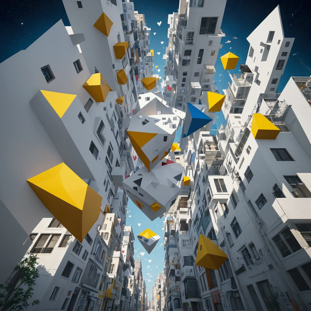 "Visualize a cubist interpretation of a heart, floating through the sky above a lively and dynamic street. Break down the shape of the heart into geometric shapes and fragmented planes, To capture its movement and energy in a unique and abstract way. Incorporate bold colors and sharp angles, to convey a feeling of movement and tension. Play with perspective and layering, to create a multidimensional composition, which questions traditional notions of space and form. Be inspired by the avant-garde spirit of Cubism and see nature in a fresh and innovative light.. Unleash your creativity, as you bring this imaginative scene to life on screen."