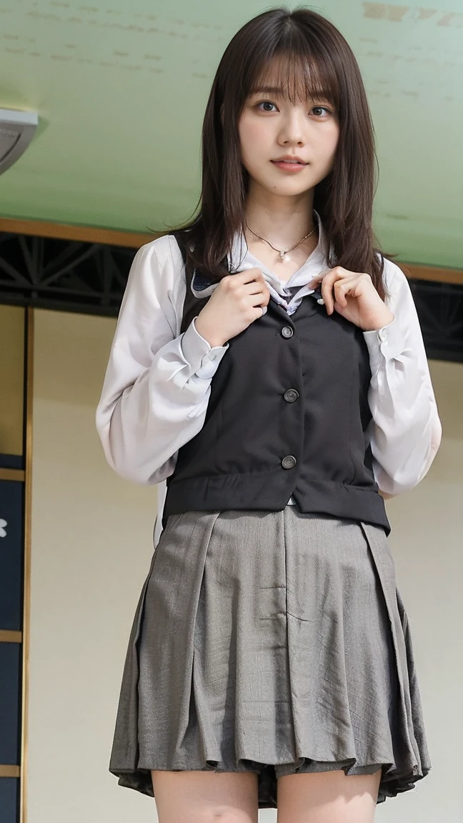 (photo practical:1.4), (hyper practical:1.4), (practical:1.3), (Smoother lighting:1.05), (Improving the quality of cinema lighting:0.9)、Natural light、Professional photos, practical portrait,(Japanese beautiful girl、18-year-old high school student),, Beautiful face and eyes, Very cute face, smile, vitality, vitality, (A sexy uniform with a wide open chest:1.2、The chest is wide open and the breasts are exposed、Her clothes are open and her naked body is visible、Showing her 、very beautiful small breasts、Beautiful cherry-colored areola、Erect nipples、Small butt、Shaved),The hem is short and the lower half of the body is visible、No underwear、  (Chest High School Girl:1.4),  (district), Portrait of sexy girl, (View from below:1.2)、School classroom、During class、No underwear、No underwear、No bra、topless、Upper body naked