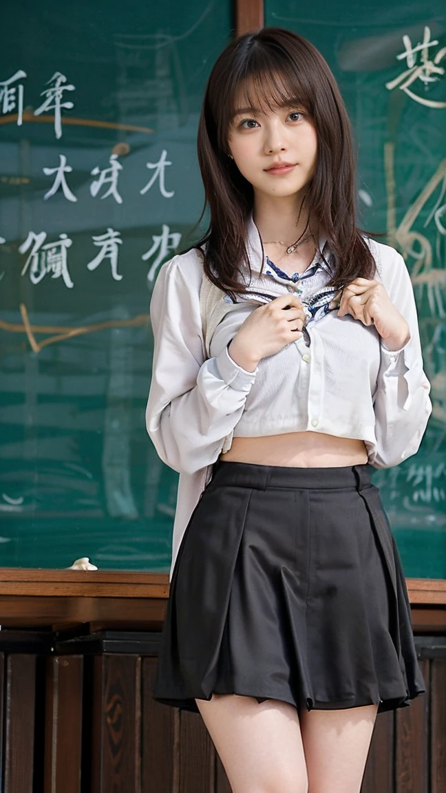 ((Highest quality)), ((Masterpiece)), (details), young girl, cute, , She looks like Lisa.., school classroom, short hair, glasses, totally naked, see breasts, sitting on the study table, Pig's leg