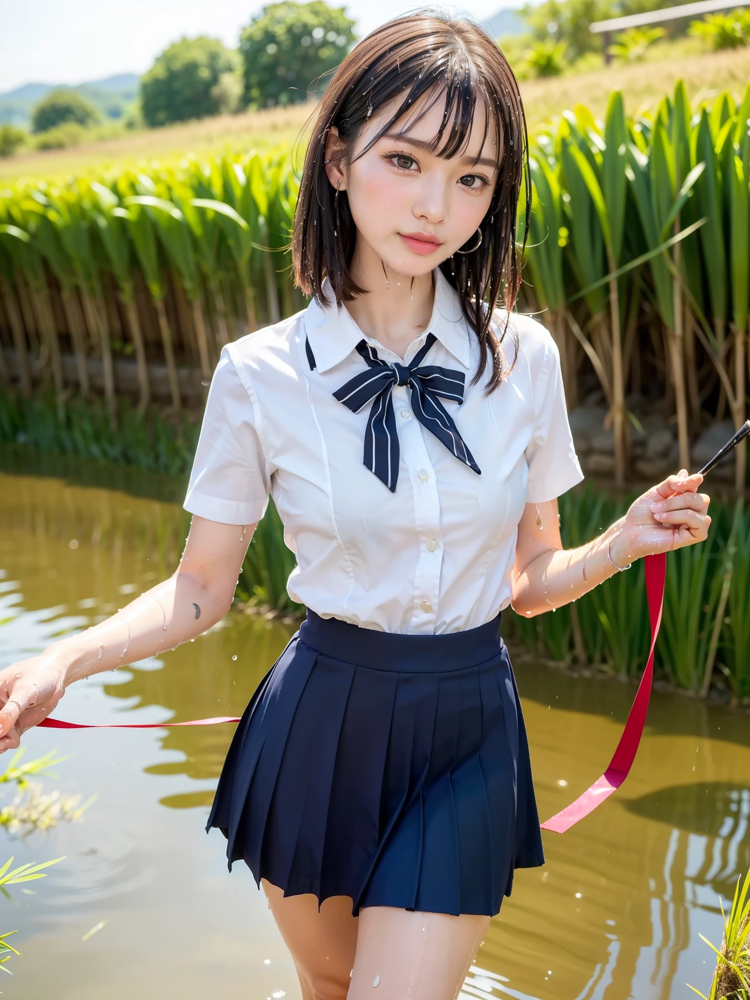 ltra-detailed,highly detailed,best quality,masterpiece,illustration,realistic,
miyamizu mitsuha, 1girl, solo,
black hair, ponytail, short hair,
, hair ribbon,bowtie,short sleeves, collared shirt, pleated skirt, socks, loafers,
sitting,looking at viewer,
outdoors, water, river, sky, bridge, city, cityscape, wind,parted lips, falling petals,