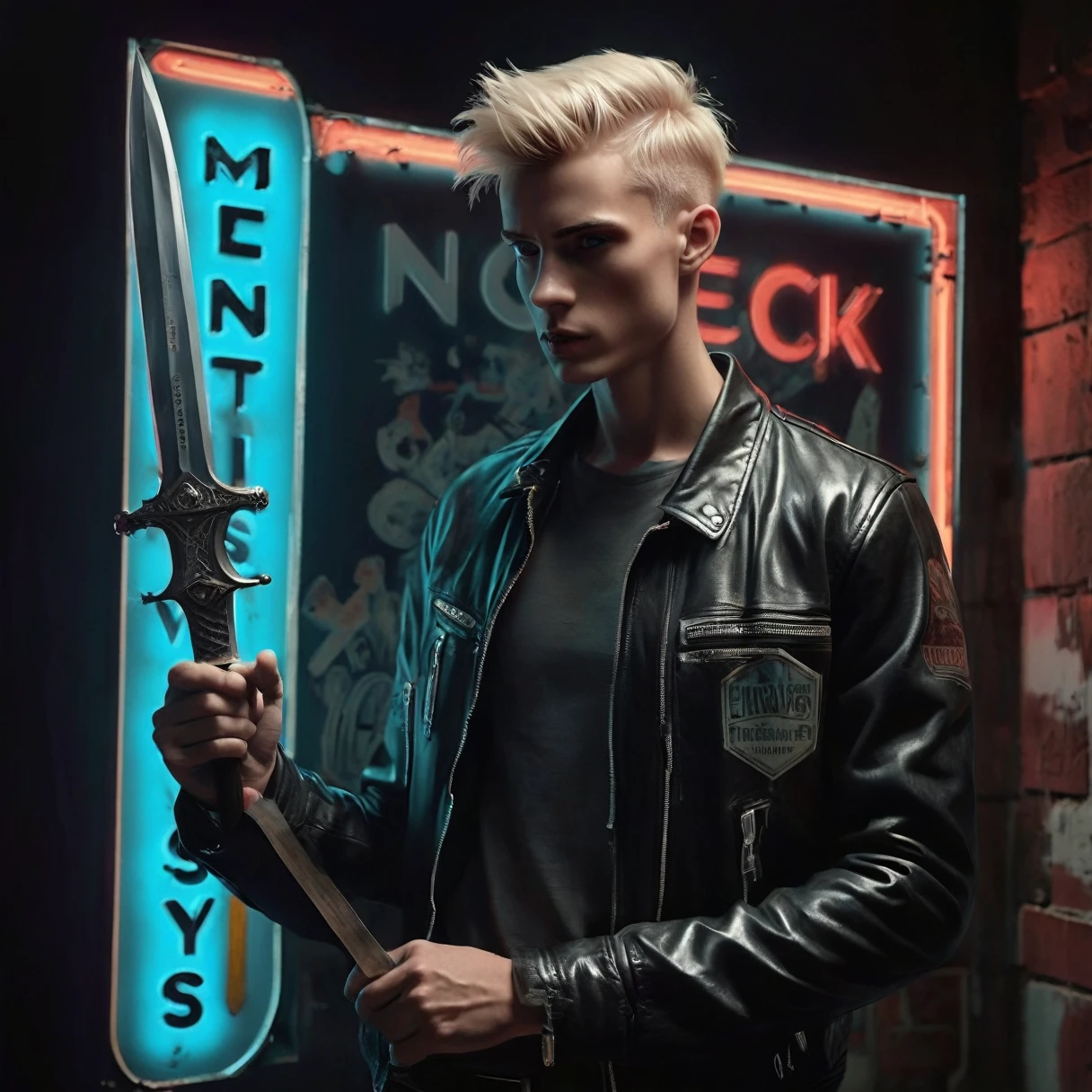 Photorealistic, dark vibes, solo, young man, facing camera, 22 years, pale skin, model (skinny:1.3), (short textured long fringe cut blond hair:1.5), (black leather jacket:1.3), holding dagger dark lighting, foreboding, sexy, (neon sign that says:"CONTEXT":1.8), night club setting, BDSM background