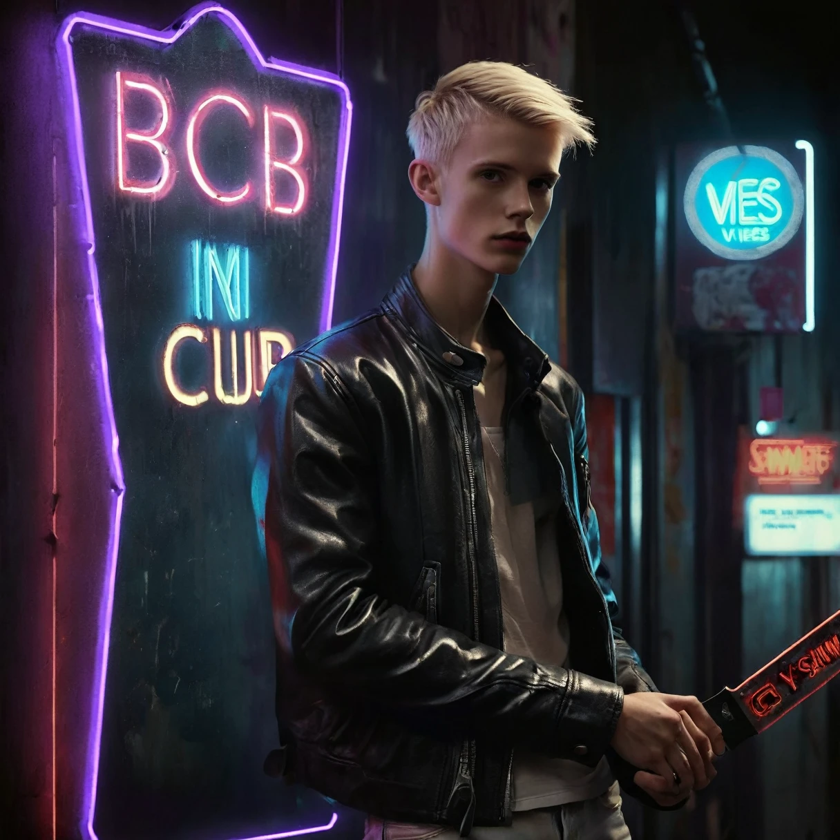 Photorealistic, dark vibes, solo, young man, facing camera, 22 years, pale skin, model (skinny:1.3), (short textured long fringe cut blond hair:1.5), (black leather jacket:1.3), holding dagger dark lighting, foreboding, sexy, (neon sign that says:"CONTEXT":1.8), night club setting, BDSM background