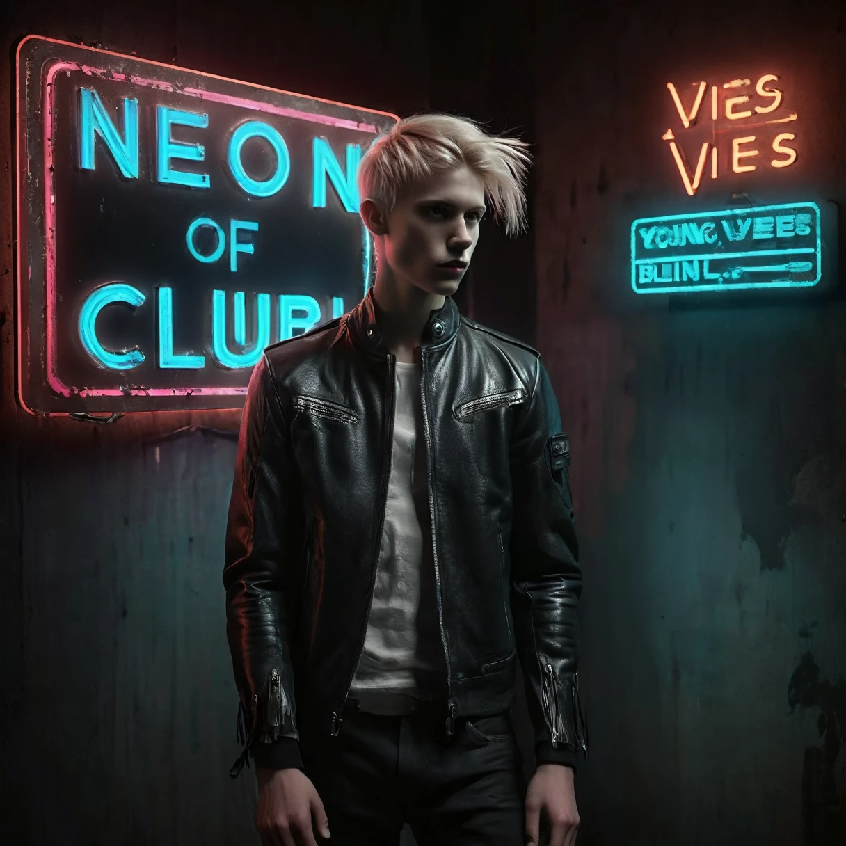 Photorealistic, dark vibes, solo, young man, facing camera, 22 years, pale skin, model (skinny:1.3), (short textured long fringe cut blond hair:1.5), (black leather jacket:1.3), holding dagger dark lighting, foreboding, sexy, (neon sign that says:"CONTEXT":1.8), night club setting, BDSM background