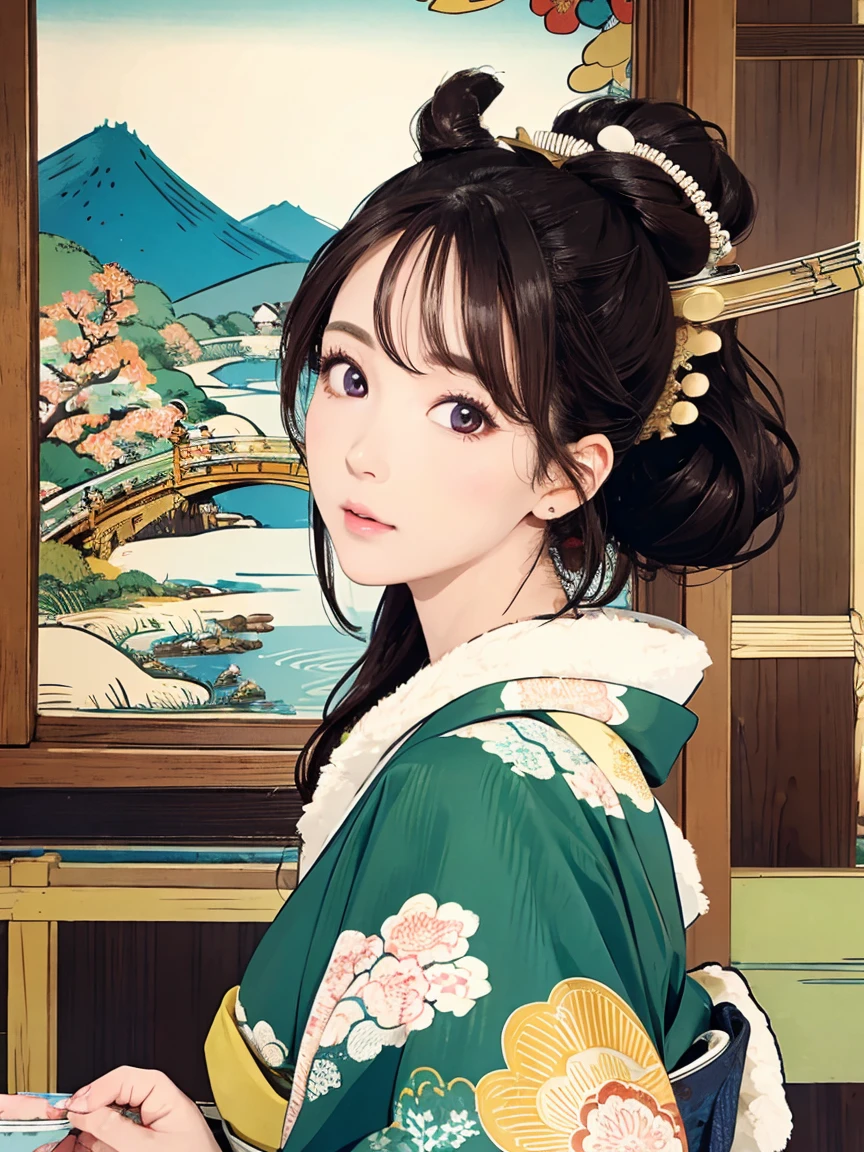 (Highest quality、 8k 、masterpiece、High resolution)、(whole body)、Vibrant colors、Brown-black bob、Traditional topknot、Ample breasts、(Highly detailed face and eyes,Beautiful Face,Beautiful Eyes,Beautiful nose,Pretty lips)、Official Art、Ukiyo-e style、 (Beautiful woman in kimono)、(Vivid floral patterned kimono)、background、river、bridge、Mountain、wood、Starry Sky、moon、Detailed CG、