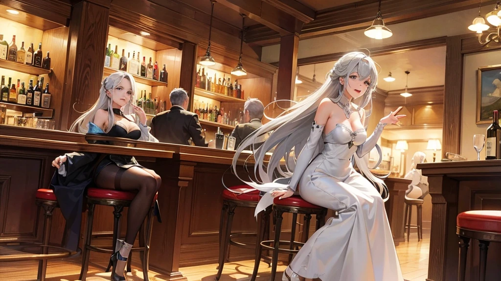 A beautiful woman is sitting and laughing, a beautiful woman with long grey hair, men and women are enjoying music and dancing at a bar, anime, heartwarming, medieval, bard, epic,