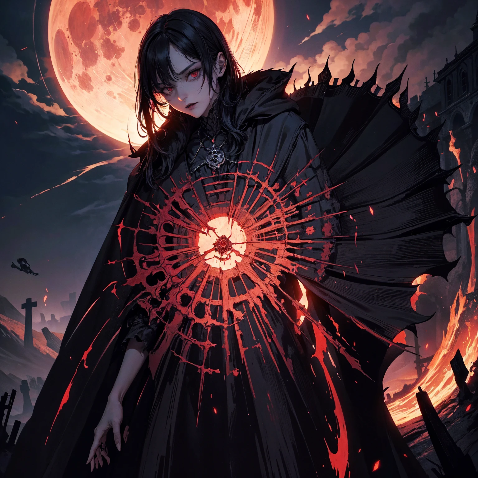 best quality, 4K, high resolution, masterpiece:1.2, Very detailed, actual:1.37, Mood lighting, An Undead Lich Girl in a long cape, Half face is only skull without any flesh, Hands and arms are only bones without any flesh, Wearing a ragged gothic skirt, Aloofness emotion, Dangerous sneer, Black Hair, Standing, Facing the camera, Crucified, Pitch black sky, Blood-red moon, strange atmosphere, Gothic style, Unforgettable beauty, Dramatic shadows, Ethereal Light, Mysterious atmosphere.