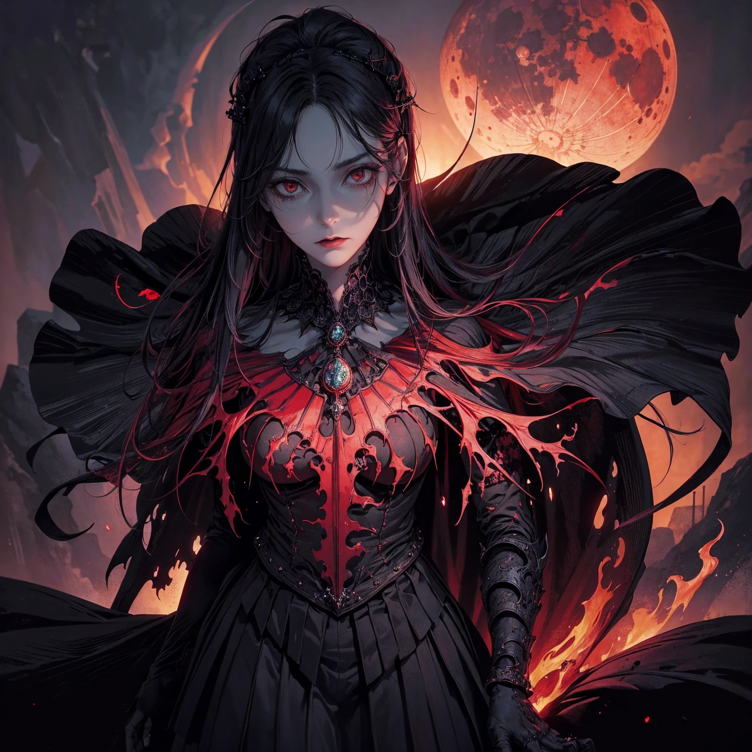 best quality, 4K, high resolution, masterpiece:1.2, Very detailed, actual:1.37, Mood lighting, An Undead Lich Girl in a long cape, Half face is only skull without any flesh, Hands and arms are only bones without any flesh, Wearing a ragged gothic skirt, Aloofness emotion, Dangerous sneer, Black Hair, Standing, Facing the camera, Crucified, Pitch black sky, Blood-red moon, strange atmosphere, Gothic style, Unforgettable beauty, Dramatic shadows, Ethereal Light, Mysterious atmosphere.