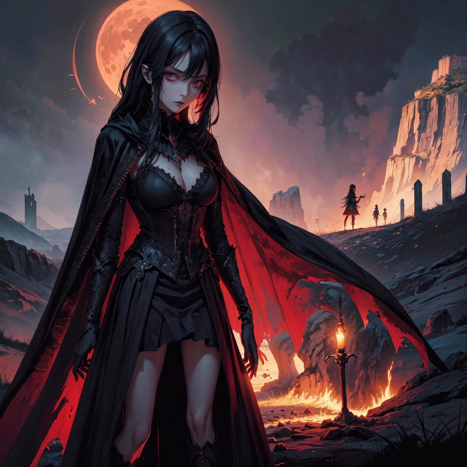 best quality, 4K, high resolution, masterpiece:1.2, Very detailed, actual:1.37, Mood lighting, An Undead Lich Girl in a long cape, Half face is only skull without any flesh, Hands and arms are only bones without any flesh, Wearing a ragged gothic skirt, Aloofness emotion, Dangerous sneer, Black Hair, Standing, Facing the camera, Crucified, Pitch black sky, Blood-red moon, strange atmosphere, Gothic style, Unforgettable beauty, Dramatic shadows, Ethereal Light, Mysterious atmosphere.