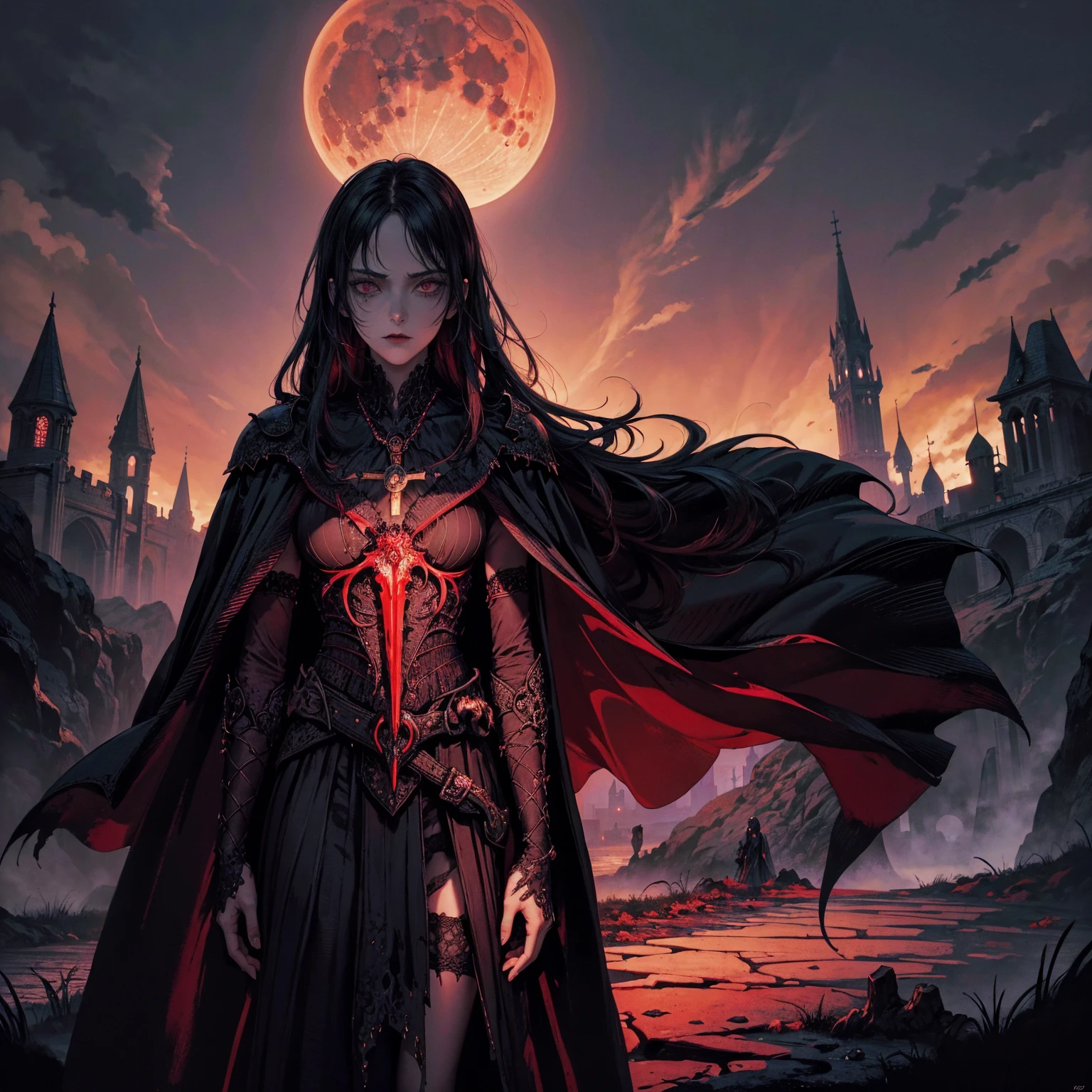 best quality, 4K, high resolution, masterpiece:1.2, Very detailed, actual:1.37, Mood lighting, An Undead Lich Girl in a long cape, Half face is only skull without any flesh, Hands and arms are only bones without any flesh, Wearing a ragged gothic skirt, Aloofness emotion, Dangerous sneer, Black Hair, Standing, Facing the camera, Crucified, Pitch black sky, Blood-red moon, strange atmosphere, Gothic style, Unforgettable beauty, Dramatic shadows, Ethereal Light, Mysterious atmosphere.