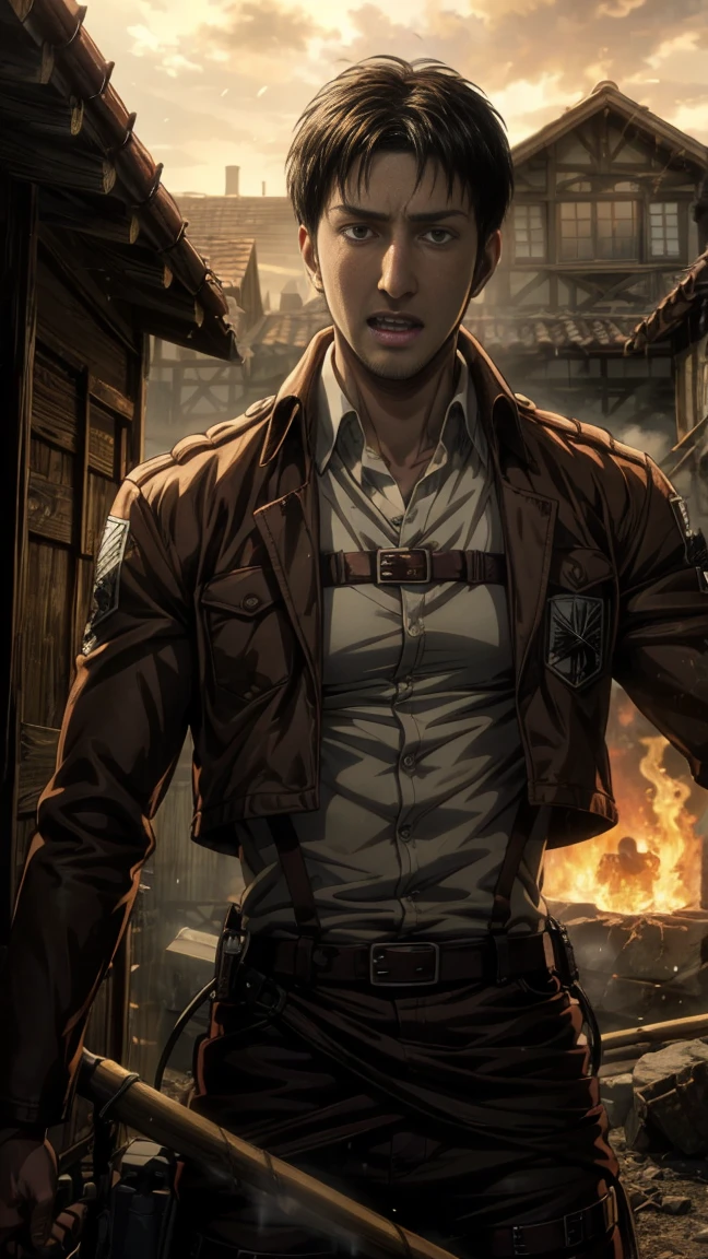 (masterpiece), (hyper realistic), Mahesh Babu from Attack on Titan, survey corps uniform, determined pose, dinamic lighting, fire, traces of blood on clothes and face, burning houses in the background, smoke, Rain, survey corps uniform, odm gear uniform