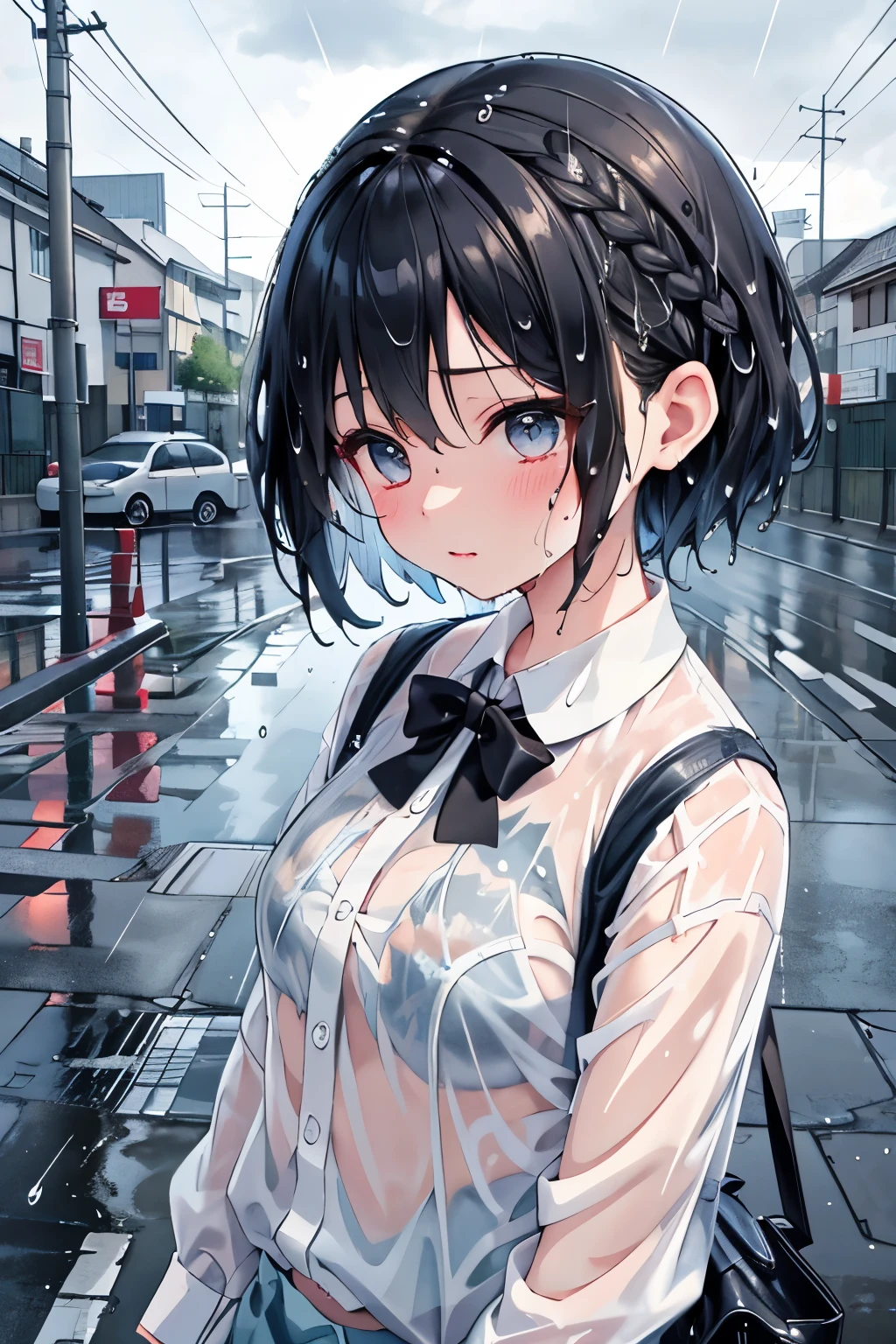 masterpiece, Absurd, Ultra-high resolution,(Photo Real:1.4),1 Girl,(Medium black hair,Red eyes:1.3),LOL, 18,Medium chest, ((heavy rain, fog, Wet, See through)),(Blue high ,nounderwear),Standing school entrance,Woman with sex toy between her legs, Struggling to control the remote control of Tobikko,The seductive love juice drips from between her legs., which is coating the underwear and inner thighs.She blushes and looks at me.,underwear,City view,