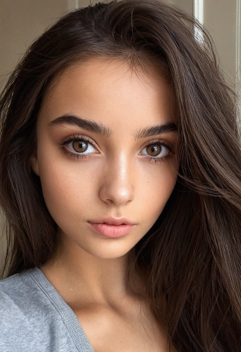 Femme latina avec des vêtements noirs, Fille sexy aux yeux marrons, Portrait Sophie Mudd, cheveux bruns et grands yeux, selfie d&#39;une jeune femme, Yeux de caméra,  , sans maquillage, Maquillage naturel, regardant directement la caméra, Cara avec Artgram, maquillage subtil, Superbe photo de tout le corps, Dans la pièce, encolure