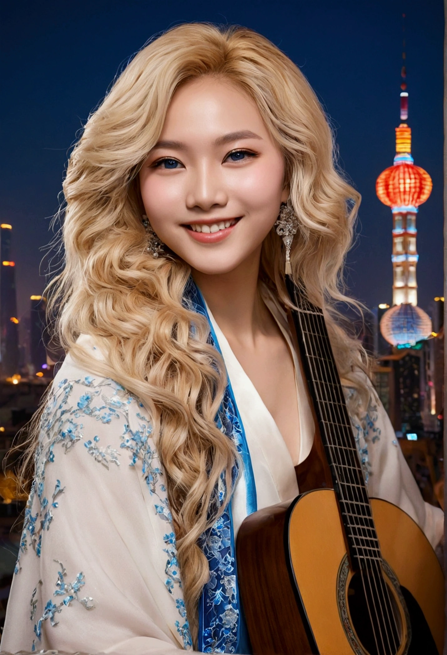 best quality,masterpiece,Very detailed,Face details,8K, Detailed background,1 Girl,playing guitar,Blonde Hair,blue eyes,,Long hair,Wavy Hair,Fluffy hair,,,Blush,Smile,Shawl,China city,Chinese service,night,moon,wind景,High,horizon,wind,wind吹,flower bed,Looking at the audience