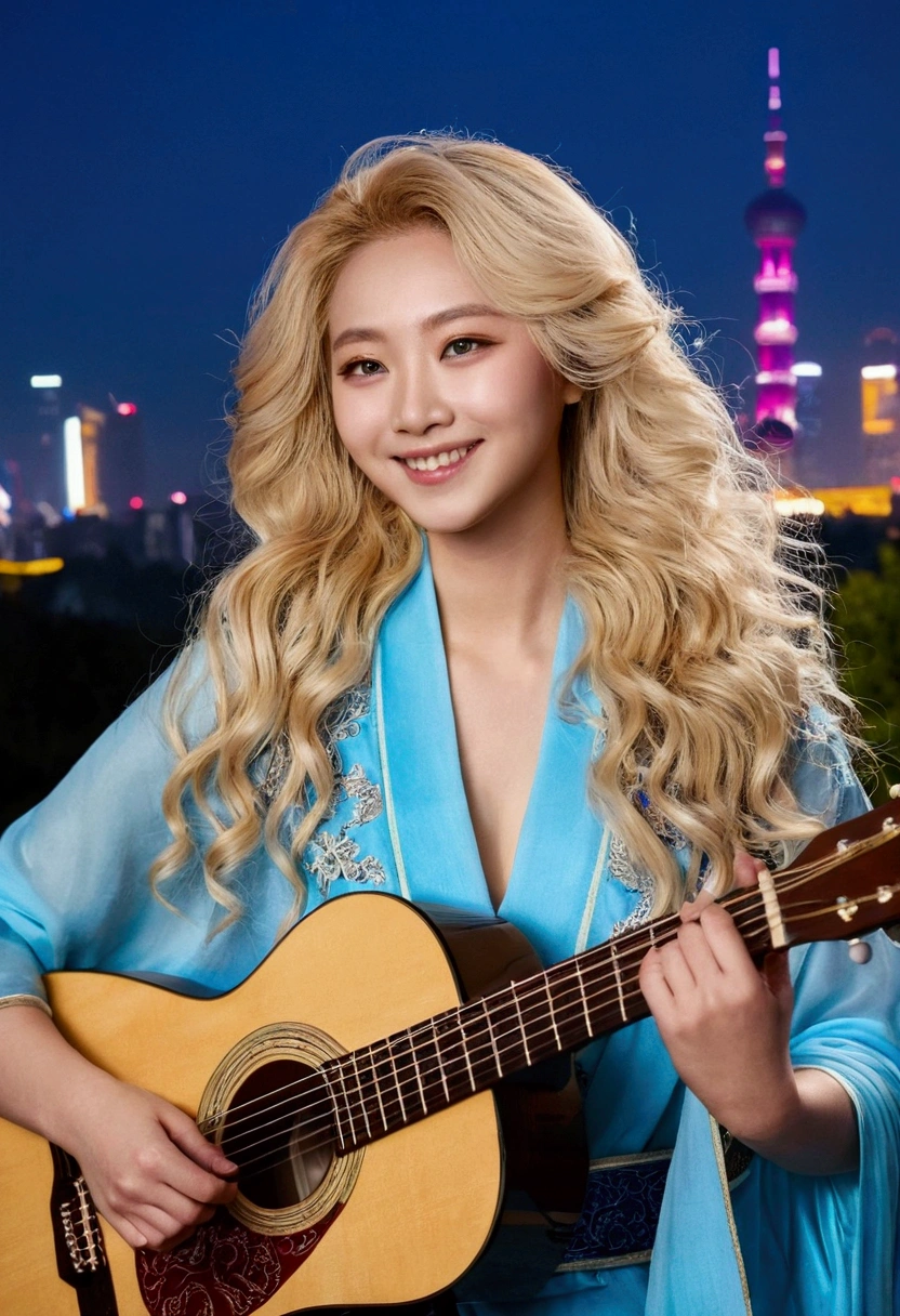 best quality,masterpiece,Very detailed,Face details,8K, Detailed background,1 Girl,playing guitar,Blonde Hair,blue eyes,,Long hair,Wavy Hair,Fluffy hair,,,Blush,Smile,Shawl,China city,Chinese service,night,moon,wind景,High,horizon,wind,wind吹,flower bed,Looking at the audience