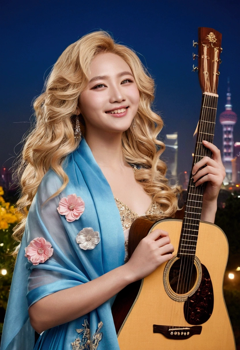 best quality,masterpiece,Very detailed,Face details,8K, Detailed background,1 Girl,playing guitar,Blonde Hair,blue eyes,,Long hair,Wavy Hair,Fluffy hair,,,Blush,Smile,Shawl,China city,Chinese service,night,moon,wind景,High,horizon,wind,wind吹,flower bed,Looking at the audience