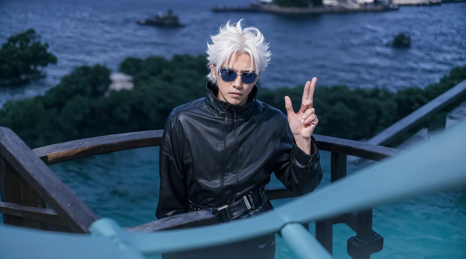 ((Best quality, 8k, Masterpiece :1.3)),Satoru Gojo, Jujutsu Kaisen, Handsome man with white medium length hair, wearing sunglasses and blue galaxy in his eyes, Sunglasses on the bridge of his nose, revealing his deep blue eyes, looking at viewers, hyper-realistic atmospheres, details, 8k