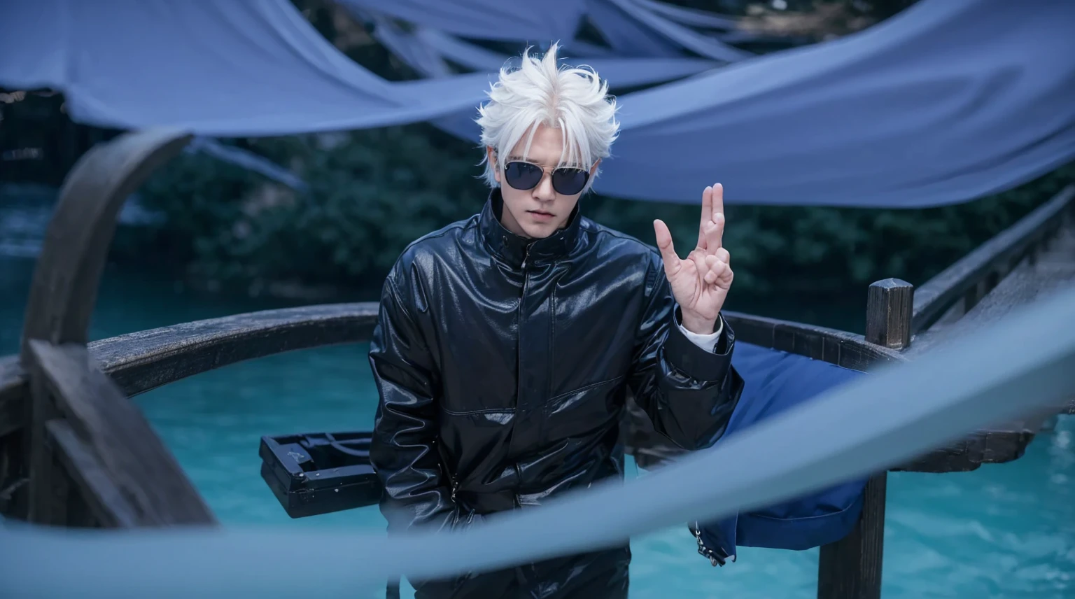 ((Best quality, 8k, Masterpiece :1.3)),Satoru Gojo, Jujutsu Kaisen, Handsome man with white medium length hair, wearing sunglasses and blue galaxy in his eyes, Sunglasses on the bridge of his nose, revealing his deep blue eyes, looking at viewers, hyper-realistic atmospheres, details, 8k