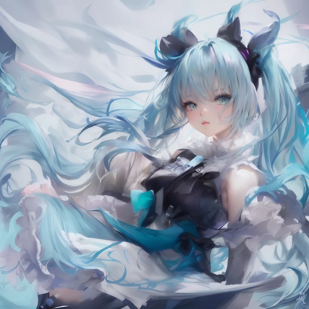 Anime girl with blue hair and black cat sitting on bed, digital art on Pixiv, Anime Style 4k, Anime Art Wallpapers 8K, by Shimo, anime art wallpaper 4k, anime art wallpaper 4k, trending on artstation Pixiv, Pixiv contest winner, guweiz on Pixiv artstation, Pixiv, ゼロチャンアートLet's start with a base illustration of a young female character.
Adjust the hair color to Hatsune Miku's iconic turquoise blue.
Style the hair to be very long, reaching below the waist, in twin tails. Ensure the twin tails are evenly balanced and neatly wrapped at the top.
Give the hair a glossy appearance and a slightly voluminous texture.
Create a youthful and cute facial expression with large, expressive eyes. The eye color should be a bright shade of blue.
Give her a characteristic slim and body frame.
Remove the distinctive outfit consisting of a sleeveless top, tie, and pleated skirt. Include shades of teal and black in the color scheme.
Include signature accessories such as a futuristic headset, microphone, and detachable sleeves.
Optionally, add knee-high boots or thigh-high socks in matching color tones.
Provide a background that complements the aesthetic, such as a futuristic cityscape or a concert stage with colorful lights.
Please note that due to the complexity of the instructions, it may be challenging for an AI to accurately generate an image based on the exact specifications provided.
Please draw it in a sketch-like style, resembling an idea sketch.
A drawing that looks like it was done with a pencil. A picture drawn in a messy manner. A drawing done with hesitation.Soft Joints - Dancer's Joints - Twisting the Hips Dramatically - No Use of Black in Outlines - Pink Illumination - Lowered Gaze - Slender Eyes - y Cheeks - Visible Abdominal Skin - Hair Color is Aqua - Hair Doesn't Turn Green - Employing Light Pastel Colors for Outlines.
