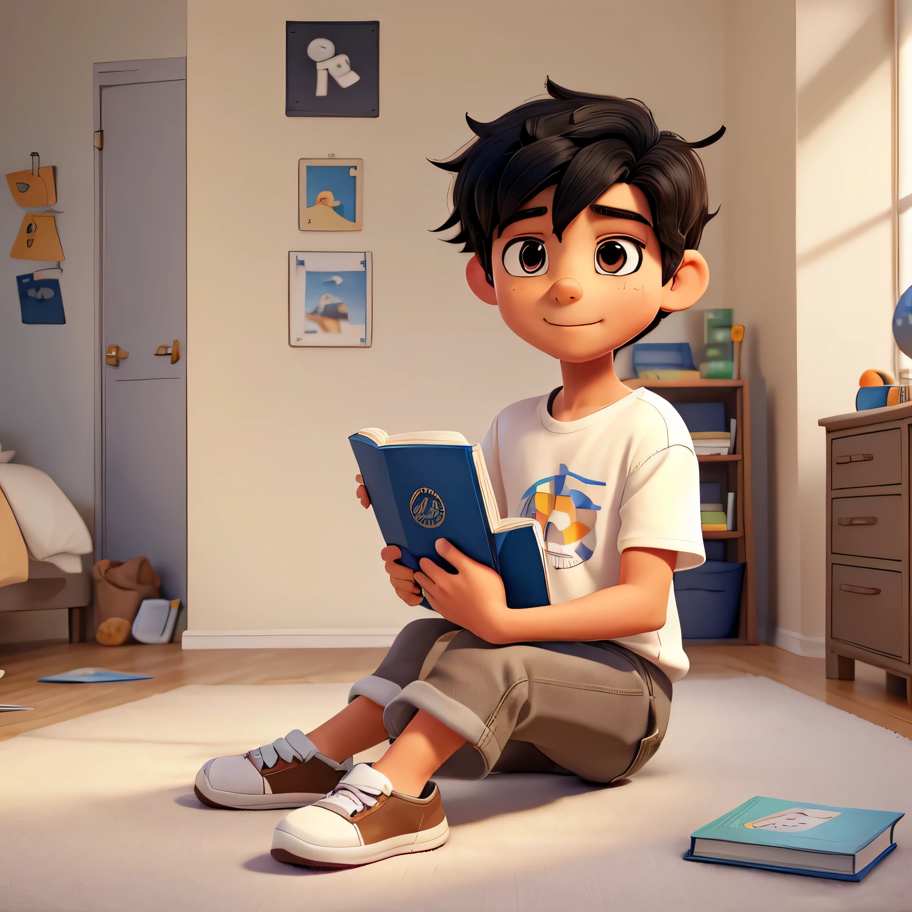 Describe a 7-year-old autistic boy sitting with a book in his hand. His black hair is messy and his brown eyes are focused on something in front of him.. He wears a simple white t-shirt, comfortable denim shorts and worn sneakers. The bedroom walls are painted in soft shades of light beige, creating a serene and welcoming atmosphere.