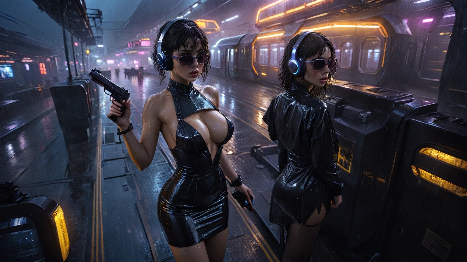 (((aerial view))), Blade Runner style futuristic railway platform, hi-tech train, neon lights, rainy night. (1girl, solo, alone), large-breast:1.2 slim body, cleavage:1.1, sexy wind blowing wet dress:1.4, headphone, (black sunglasses), (((she raised a pistol:1.8 and shot:1.8 the viewer))), dynamic pose, (((half-body thigh level medium shot))), cinematic lighting, lens flare, ray tracing, zoom-in blurred:1.4 background.