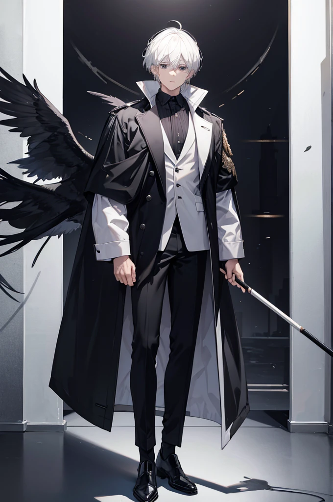 man holding stick, white hair, black eyes, standing tall, masterpiece, 8k, hd, black jacket, hd quality, clear