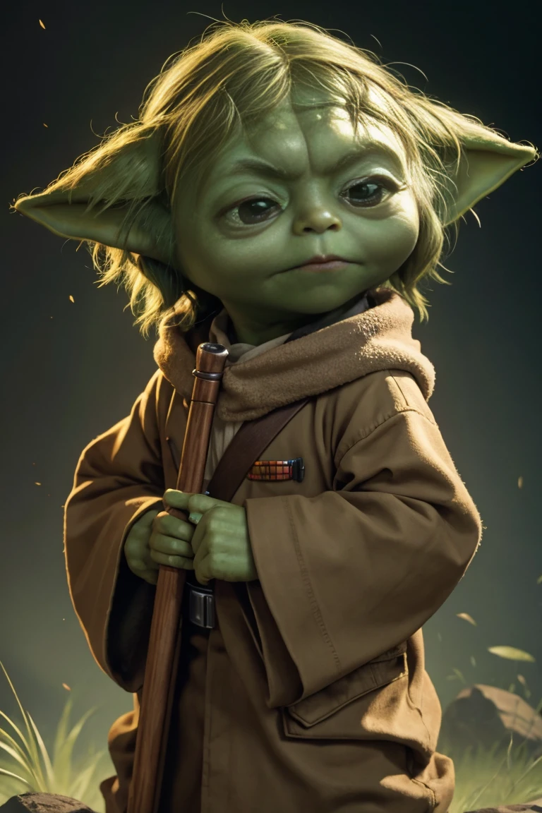 short yoda with a full head of shaggy thick hair