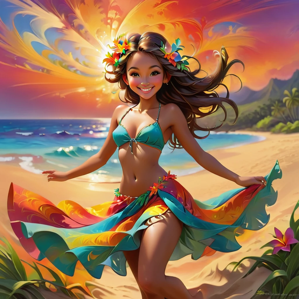 abstract fractal art, (smiling:0.6) barefoot hawaiian girl, sunset,